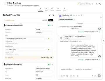 Olivia Tremblay's contact page with Contact Properties open for editing, a date of birth typed in, and 1 unsaved change with Cancel and Save above the fields
